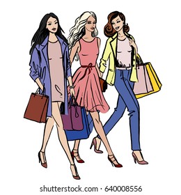 Three women walking with shopping bags isolated on white. Fashion illustration