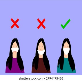 Three women wearing face mask with correct and incorrect method  represent by red cross and green check sign