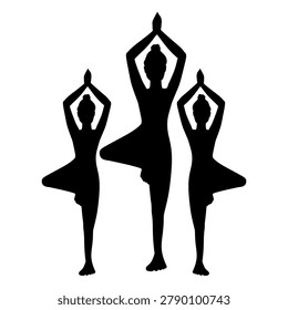 Three Women Yoga Tree Pose Silhouettes, Vrikshasana Balance Exercise Vector