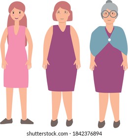 Three women. Young, adult, old. Vector image. Icon, sticker.