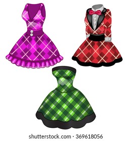 Three women's dresses isolated on white background. Vector cartoon close-up illustration.
