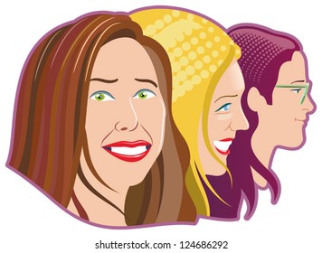 Three women's faces colored illustration