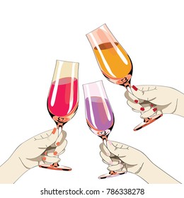 Three women's hands with colored nails holding the glasses with drinks. Vector illustration on white background