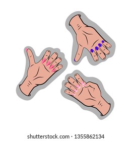 Three womens hands on grey contour. Sign. Sticker. Vector graphic.