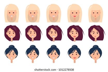 Three women`s portraits with different emotions vector illustration with faces of blondes and brunettes isolated on white background, varied hairstyles