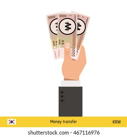 Three won in hand. South Korean won banknote vector illustration.