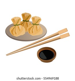 Three wontons on plate and soy sauce with sticks for sushi near. Traditional asian dish with vegetable, meat or mushroom filling for holidays. Vector illustration of chinese dish serving on white