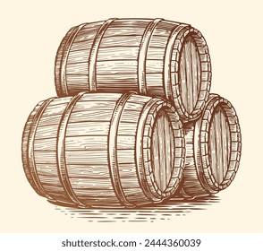 Three wood barrels for alcoholic beverages. Oak kegs with wine or beer. Hand drawn engraving style illustration