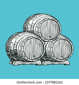 Three wood barrels, hand drawn engraving style illustration. Oktoberfest vector emblem. Perfect for beer festival invitations, bottle labels, posters, t-shirts, or banners. 
