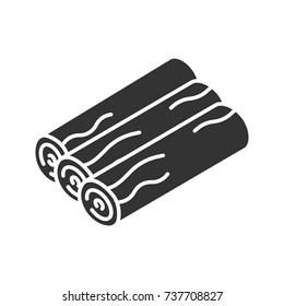 Three wood logs glyph icon. Silhouette symbol. Campfire wood. Negative space. Vector isolated illustration
