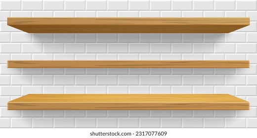 Tres estanterías de madera sobre fondo blanco de azulejos de metro. Hojas de mesa vectoriales realistas, muebles de cocina de materiales naturales sobre protección de perspectiva.