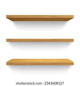 Three wood shelves on white background. Vector realistic tabletop sheets, kitchen furniture of natural materials on perspective proection.