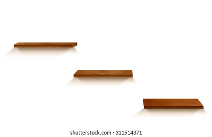 Three wood shelves with shadows on white background