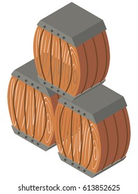 Tres barriles de madera en ilustración de diseño 3D