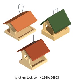 Three wooden bird feeders on a white background. Device for feeding birds and animals. Rescue birds in the winter from hunger. Vector illustration