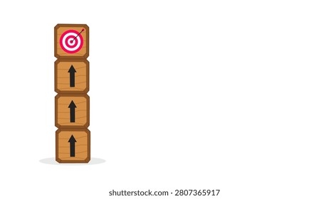 Three wooden blocks with arrows and a target on top for business goals and growth concept