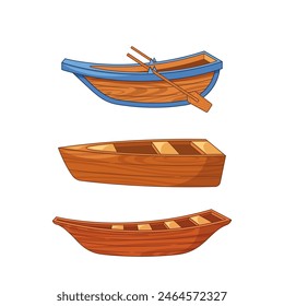 Drei Holzboote Seitenansicht, zeigen einzigartige Designmerkmale und beinhalten ein Paar Holzruder, Vektorgrafik