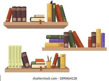 Three wooden bookshelves with various books flat set for web design. Cartoon shelves for wall in bookstore isolated vector illustration collection. Education and reading concept