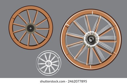 Three wooden carts wheel on dark background