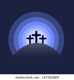 Three wooden crosses on Easter holidays vector images, mountain.
