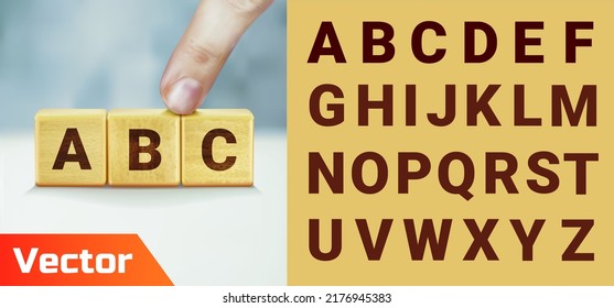 Three wooden cubes in row. Wooden cube blocks with word.