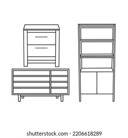 Three wooden Furniture. cardboard, organizer and Dresser furniture. vector illustration