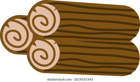Three wooden logs are shown in a simple cartoon style with visible grain.  A stack of timber pieces forms a rustic image. Cartoon vector illustration
