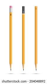 Three wooden sharp pencils isolated on white background, vector illustration