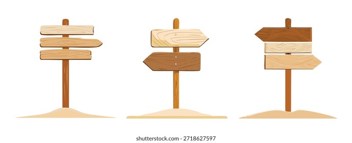Tres señales de madera con múltiples flechas apuntando hacia adentro