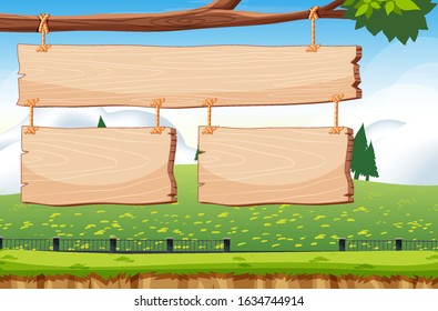 Three wooden signs hanging on the tree illustration