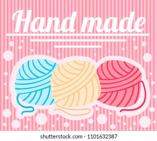 Three wool balls. Different color. Handmade, craft, hobby. Ball of yarn for knitting. Flat style vector illustration on pink background. Place for your text. Website page and mobile app design.