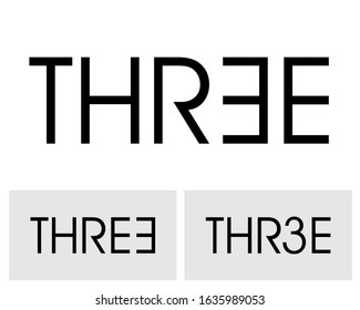 Three; Word Logo For Number. Three Letter With Three Figure Logo Design. Number Names Typography.  Text Logo Studies For All Numbers.