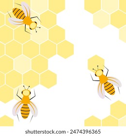 Three worker bees are engaged in the production of organic honey. Vector illustration with honeycombs.