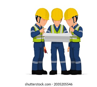 Three workers are discussing about engineering drawing.