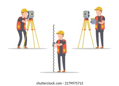 Tres trabajadores haciendo construcción de carreteras midiendo carreteras