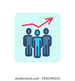 Drei Arbeiter und wachsende dünne Linie Pfeil-Symbol. Zusammenarbeit, Team, professionelles Outline-Zeichen. Geschäftskommunikationskonzept. Vektorillustration für Webdesign und App