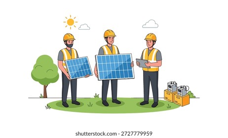 Três trabalhadores com capacetes duros e coletes segurando painéis e equipamentos solares, com uma árvore e sol ao fundo.