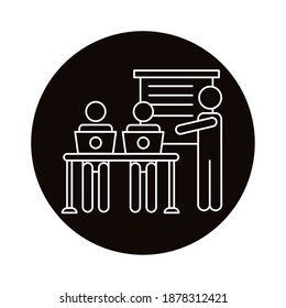 three workers with laptops in the office coworking line style icon vector illustration design