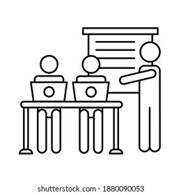 three workers with laptops in the office coworking line style icon vector illustration design