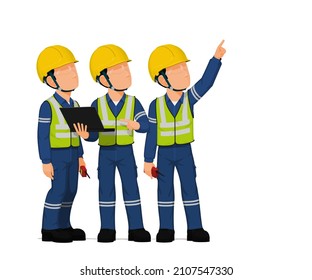 Three workers are  looking at high
