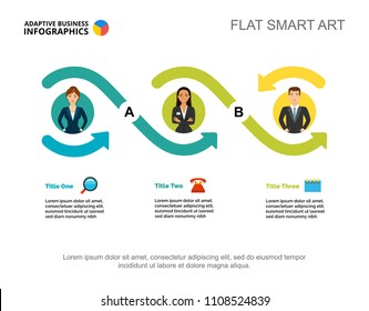 Three workers options process chart template for presentation. Vector illustration. Abstract elements of diagram, graph. Goal, planning, business or teamwork concept for infographic, report.