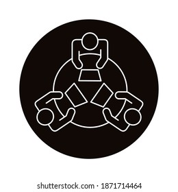 three workers in round table coworking line style icon vector illustration design