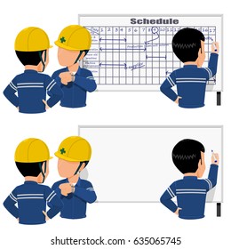 Three workers is scheduling their work on  the white board
