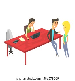 Three Workers Sharing Office , Young People Coworking In Informal Atmosphere Sharing Ideas And Experiences