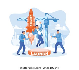 Three workers start a new business project. The rocket launches into the clouds. Successful career take of concept. flat vector modern illustration 