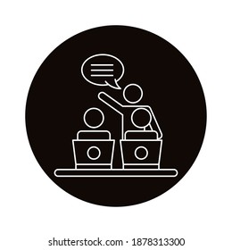 three workers talking and laptops coworking line style icon vector illustration design