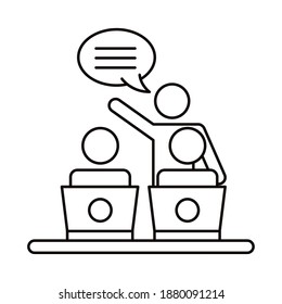 three workers talking and laptops coworking line style icon vector illustration design