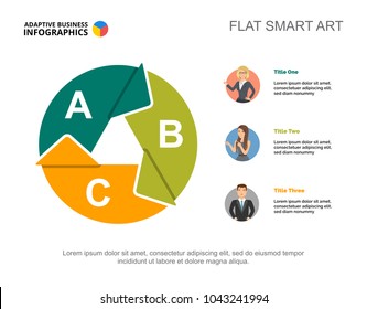 Three workers team process chart slide template. Business data. Work, employee, design. Creative concept for infographic, project. Can be used for topics like training, recruitment, teamwork.
