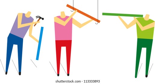 Three workers using various tools performing construction activities