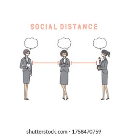 Three working women with a social distance and conversation - vector（line&fill）